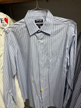Kirkland Signature Light Blue and White Vertical Stripe Dress Shirt
